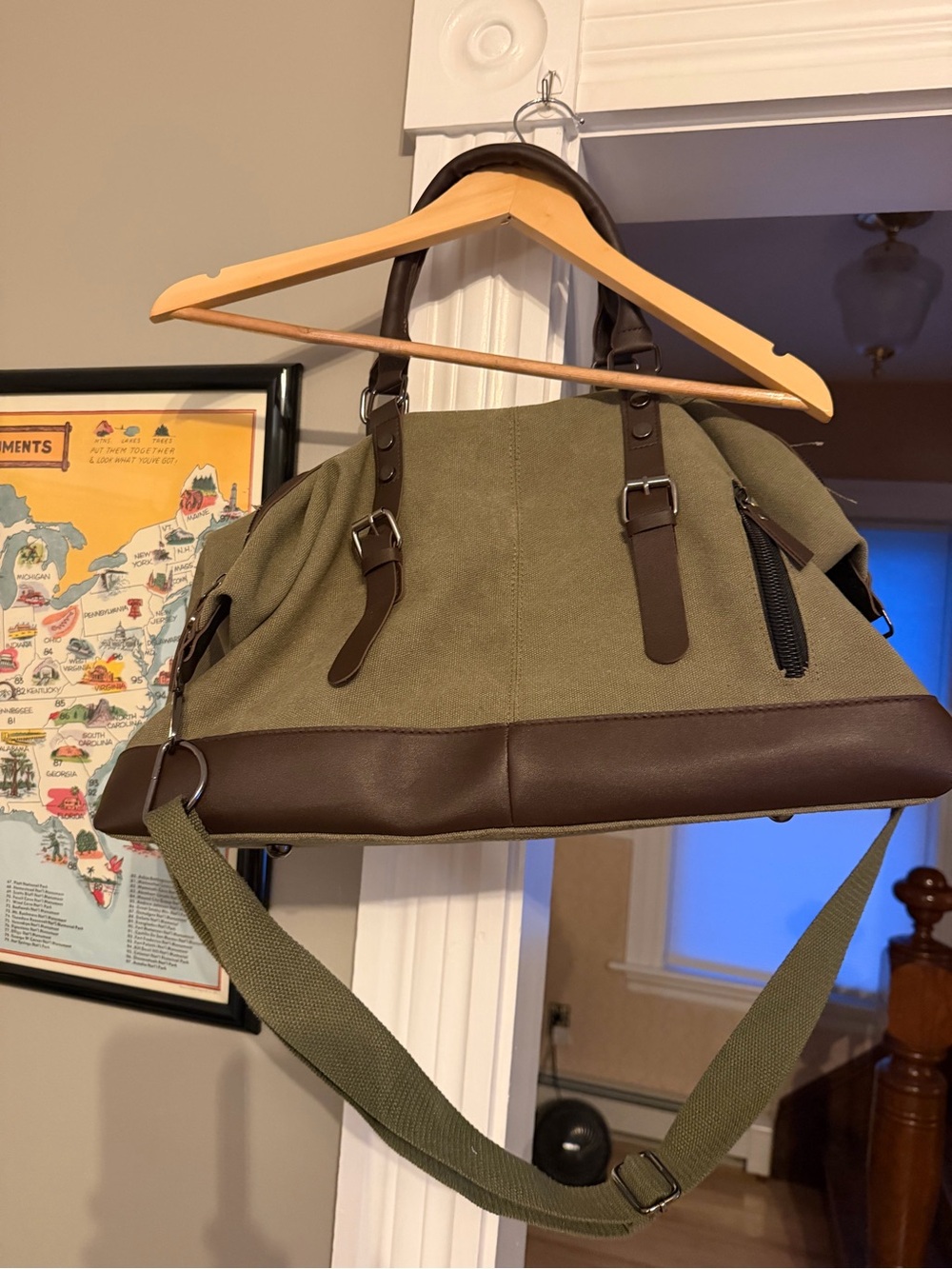 Canvas Weekender Duffel Bag - Olive Green with Brown Trim - Picture 4 of 15